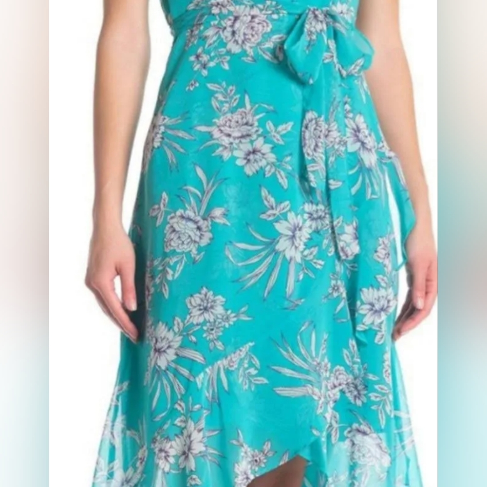 Sandra Darren turquoise dress ruffled faux wrap, floral, belted, size 10